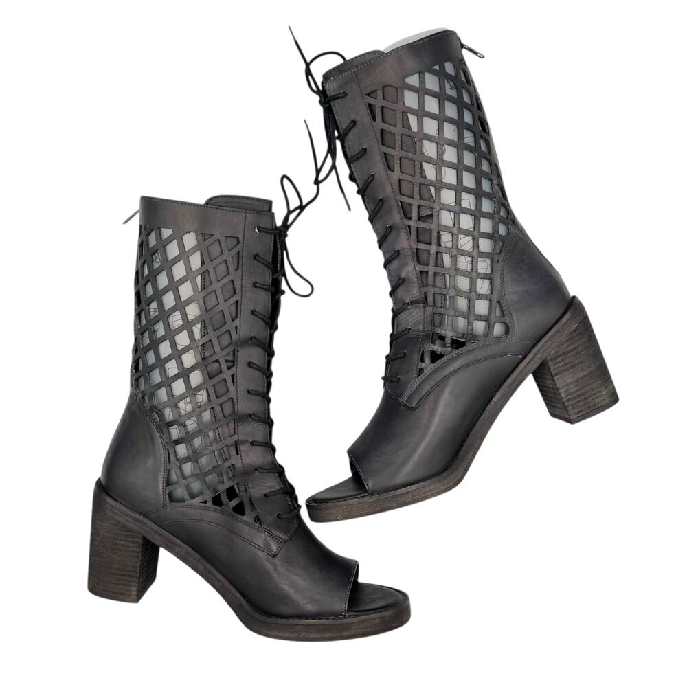 Vintage Foundry Company Normandy Laser Cut Leather Open Toe Lace Up Midi Boots